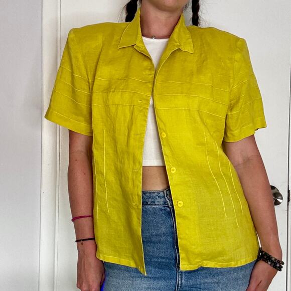 Ann Gerlin 1990s Button Up Linen Blouse Chartreuse Green Short Sleeve Tailored - Picture 1 of 10